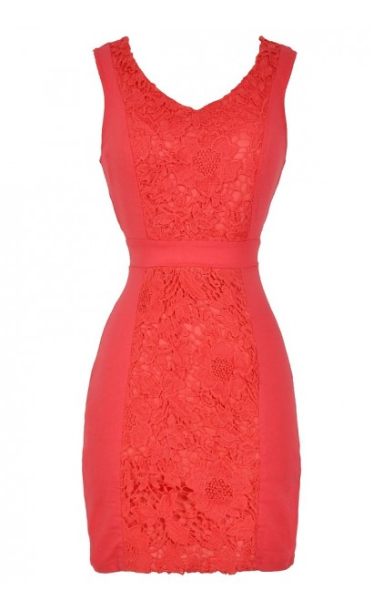 Center Stage Crochet Lace Pencil Dress in Coral